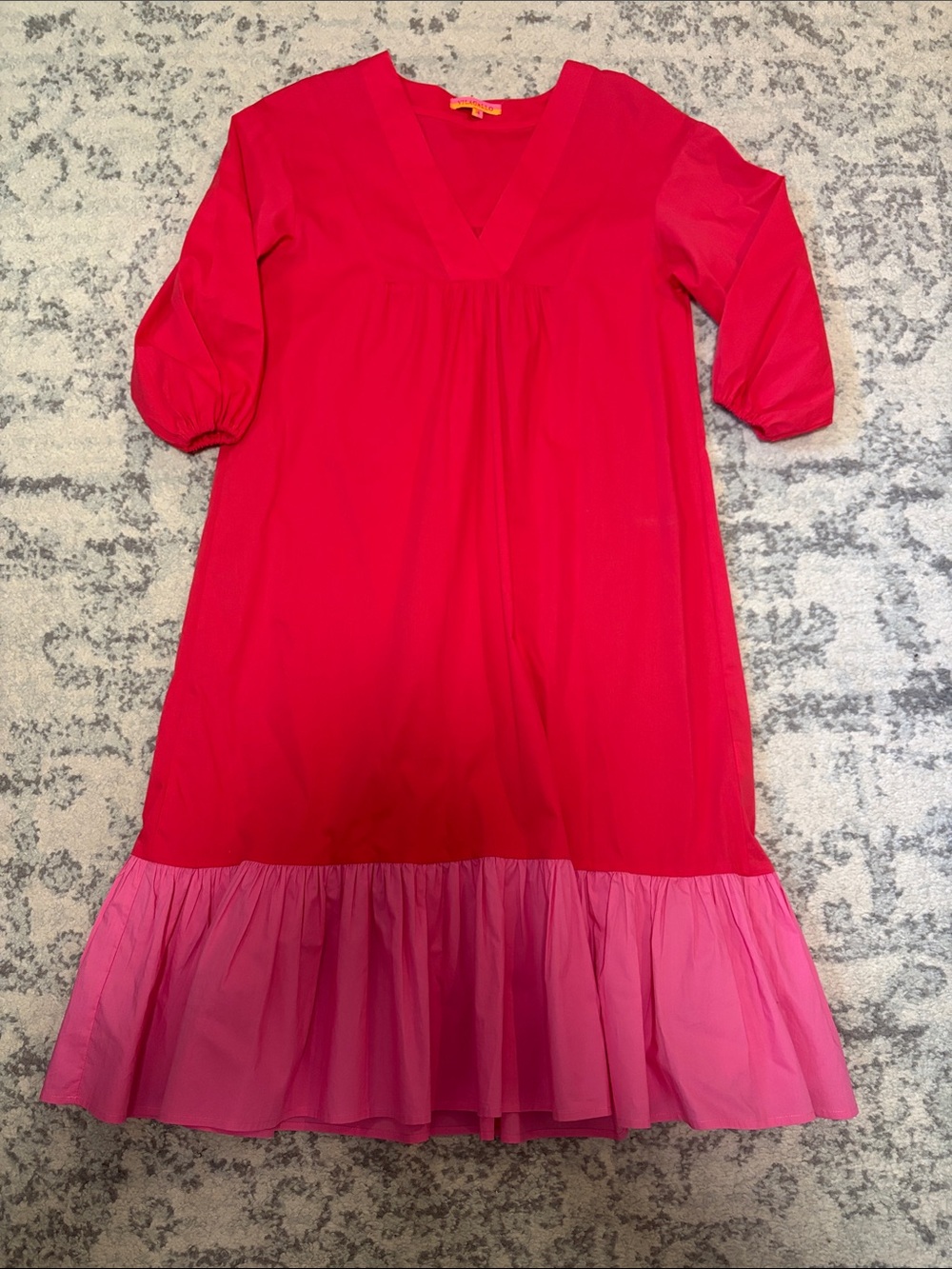 Rare Vilagallo Red V-Neck Midi with Pink Ruffle Hem Dress